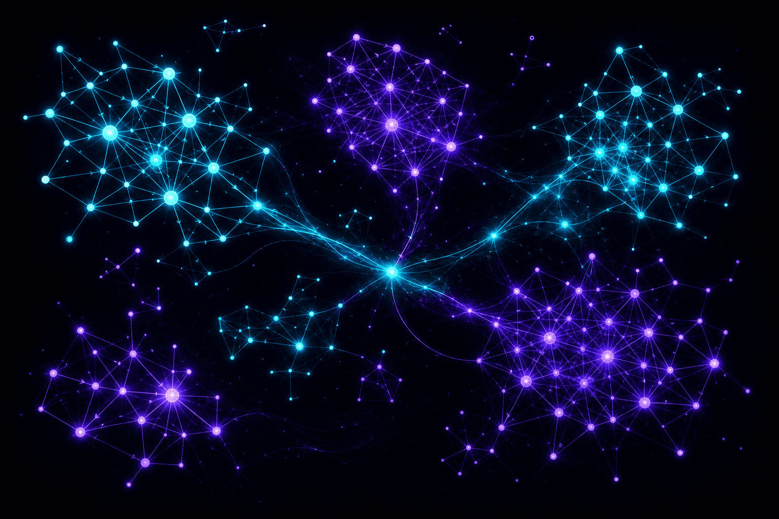 Several distinct glowing causal knowledge graphs floating in dark space